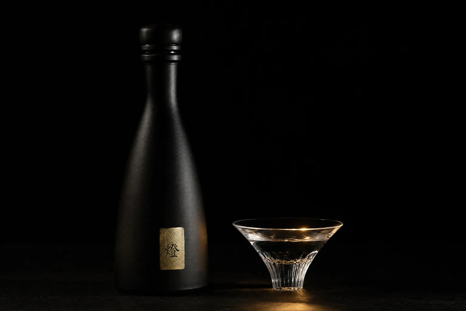 漆黒の空間に横たわる燈 極のボトルと、琥珀の光を受ける酒杯