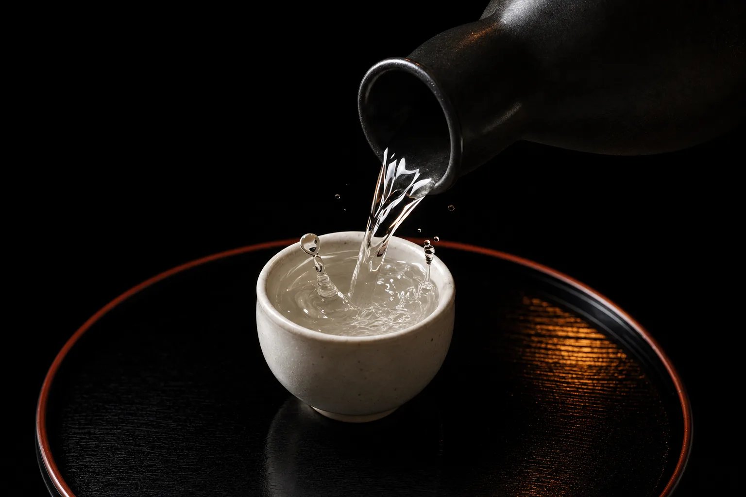 黒い徳利から白磁のぐい呑みへ、琥珀の光を受けて注がれる酒